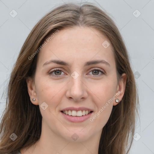 Joyful white young-adult female with long  brown hair and grey eyes