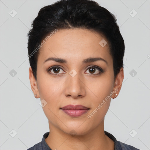 Joyful latino young-adult female with short  black hair and brown eyes