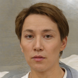 Neutral white adult female with short  brown hair and brown eyes