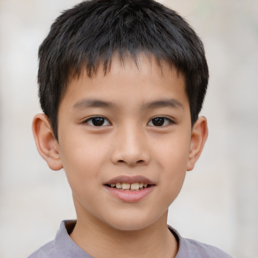 Joyful asian child male with short  brown hair and brown eyes