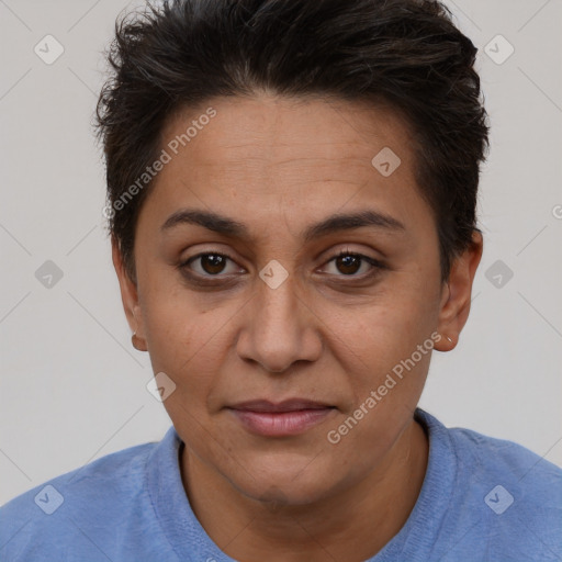 Joyful white adult female with short  brown hair and brown eyes