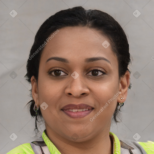 Joyful latino young-adult female with short  brown hair and brown eyes