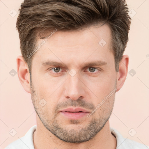 Neutral white adult male with short  brown hair and brown eyes