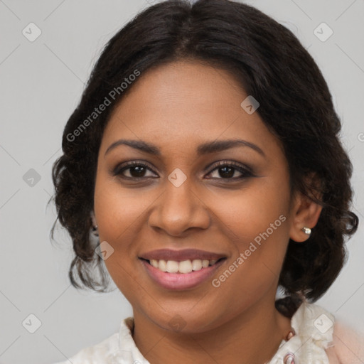 Joyful black young-adult female with medium  brown hair and brown eyes