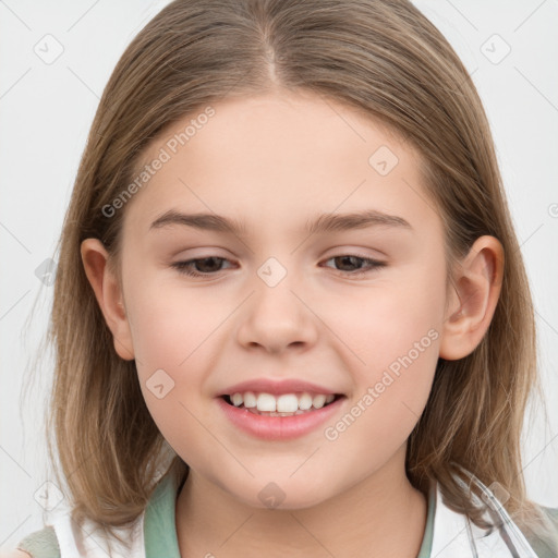 Joyful white child female with medium  brown hair and brown eyes