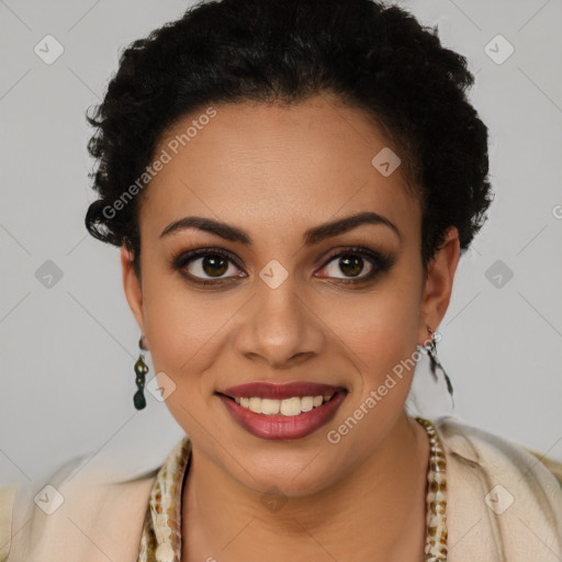 Joyful latino young-adult female with short  brown hair and brown eyes