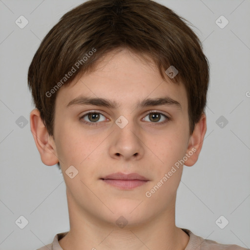 Neutral white young-adult male with short  brown hair and brown eyes