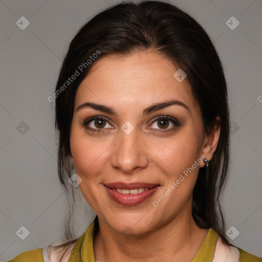 Joyful white young-adult female with medium  brown hair and brown eyes