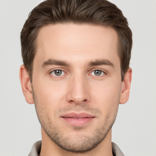 Neutral white young-adult male with short  brown hair and brown eyes