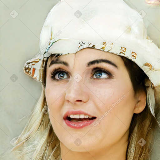 Joyful white young-adult female with long  brown hair and green eyes