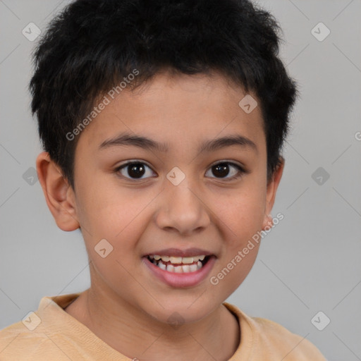 Joyful white child male with short  brown hair and brown eyes