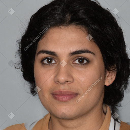 Joyful latino young-adult female with medium  brown hair and brown eyes