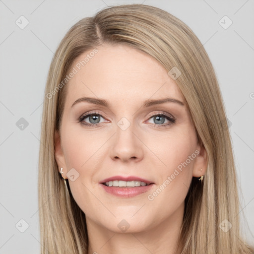 Joyful white young-adult female with long  brown hair and grey eyes