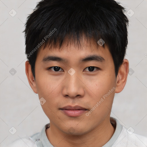 Neutral asian young-adult male with short  black hair and brown eyes