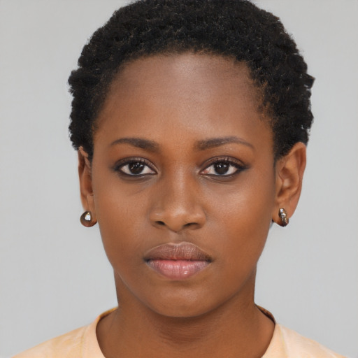 Neutral black young-adult female with short  black hair and brown eyes