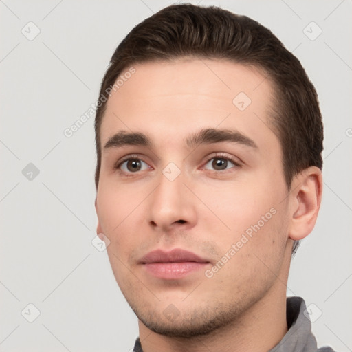 Neutral white young-adult male with short  brown hair and brown eyes