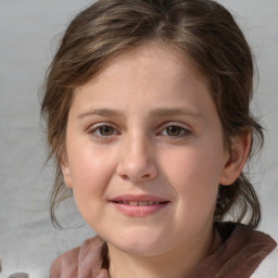 Joyful white child female with medium  brown hair and blue eyes