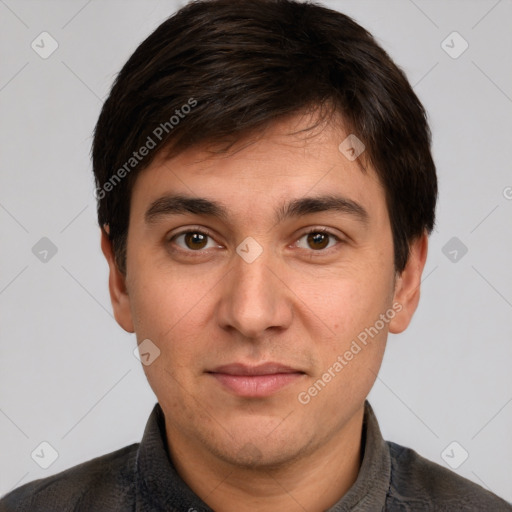 Neutral white young-adult male with short  brown hair and brown eyes