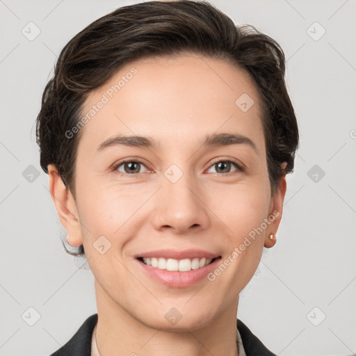 Joyful white young-adult female with short  brown hair and brown eyes