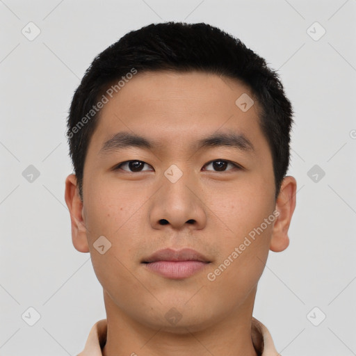 Neutral asian young-adult male with short  black hair and brown eyes