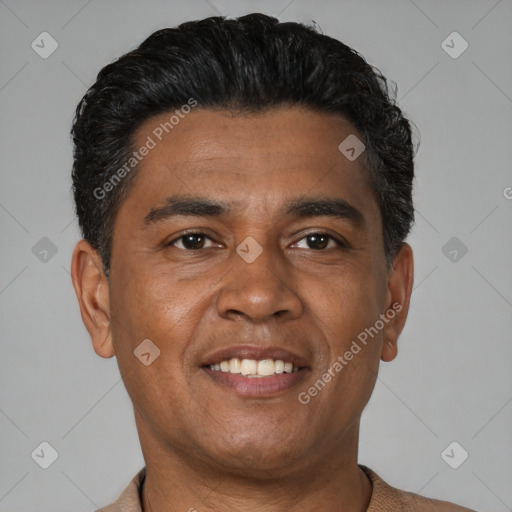 Joyful latino young-adult male with short  brown hair and brown eyes