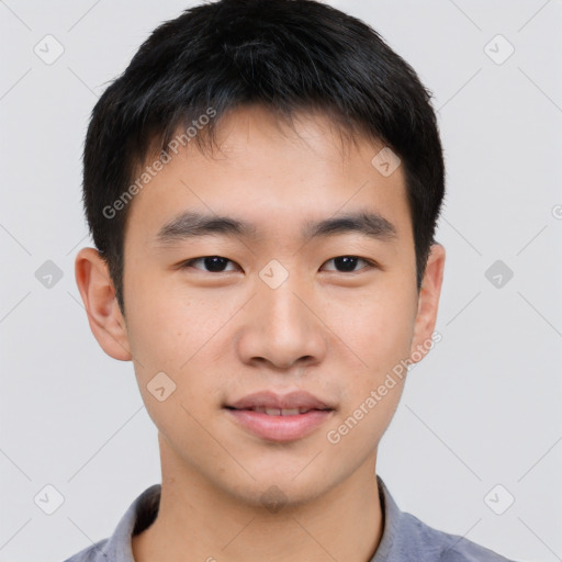 Neutral asian young-adult male with short  brown hair and brown eyes