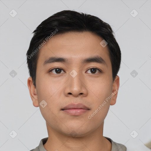 Neutral asian young-adult male with short  black hair and brown eyes