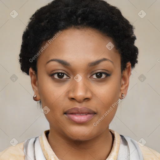 Joyful latino young-adult female with short  black hair and brown eyes