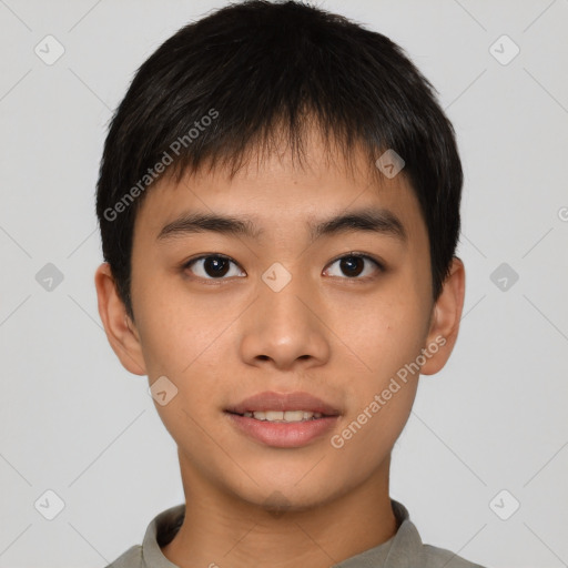 Neutral asian young-adult male with short  black hair and brown eyes