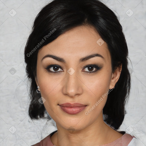 Joyful asian young-adult female with medium  black hair and brown eyes