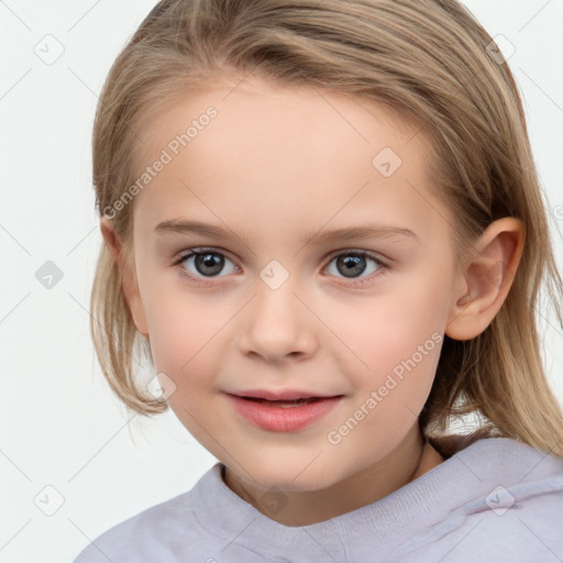 Joyful white child female with medium  brown hair and grey eyes