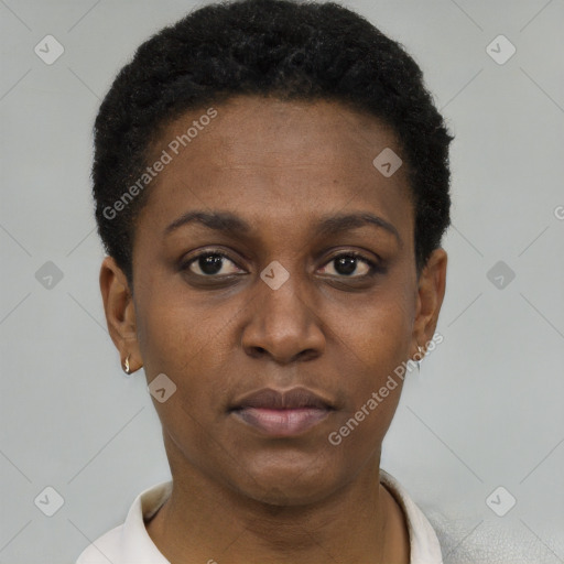 Neutral black young-adult female with short  black hair and brown eyes