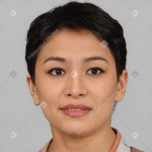 Joyful asian young-adult female with short  brown hair and brown eyes