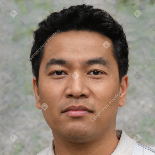 Neutral asian young-adult male with short  black hair and brown eyes