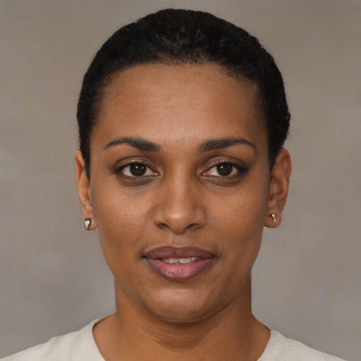Joyful black young-adult female with short  black hair and brown eyes