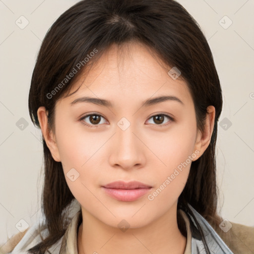 Neutral white young-adult female with medium  brown hair and brown eyes