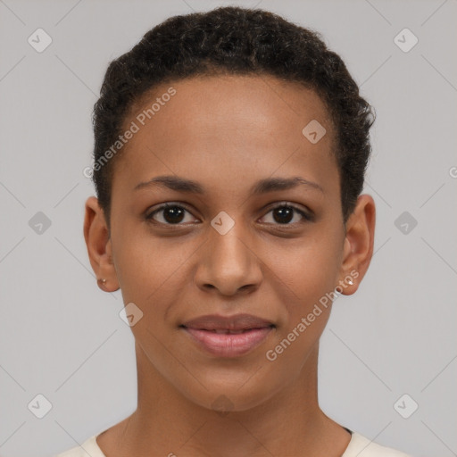 Joyful latino young-adult female with short  brown hair and brown eyes