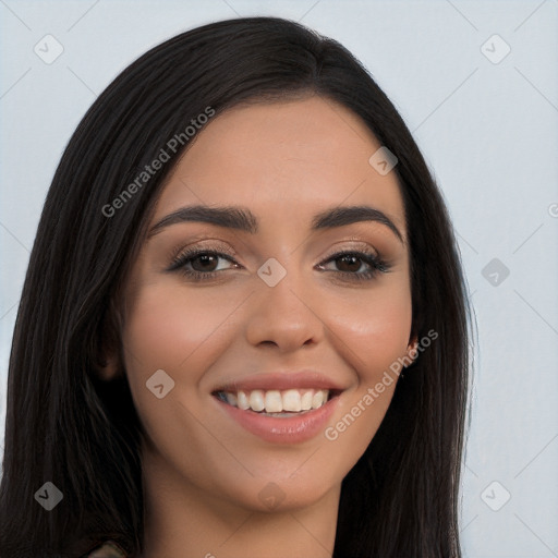 Joyful white young-adult female with long  black hair and brown eyes