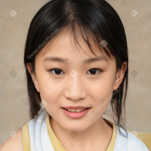 Joyful white child female with medium  brown hair and brown eyes