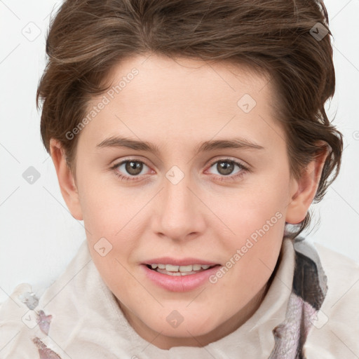 Joyful white young-adult female with medium  brown hair and grey eyes