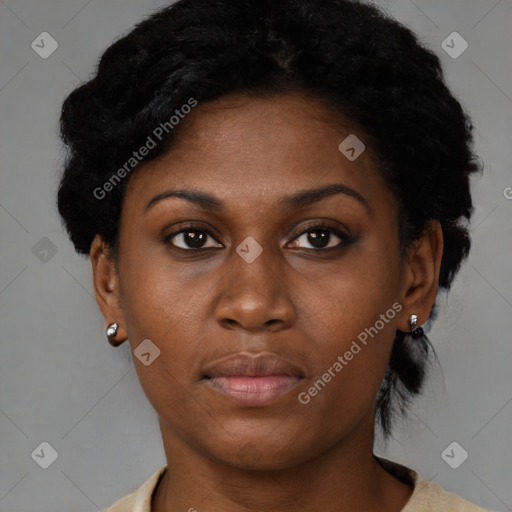 Neutral black young-adult female with short  black hair and brown eyes