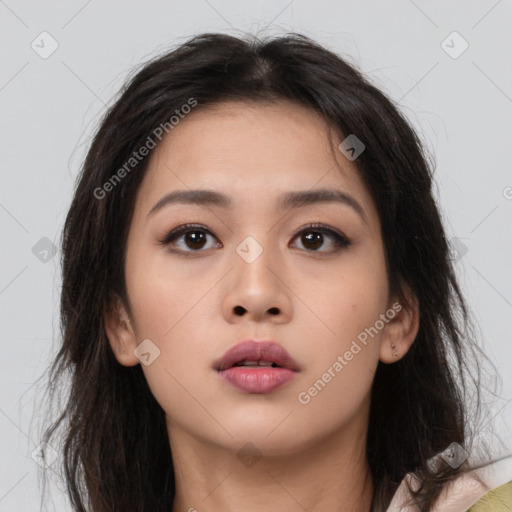 Neutral asian young-adult female with medium  brown hair and brown eyes