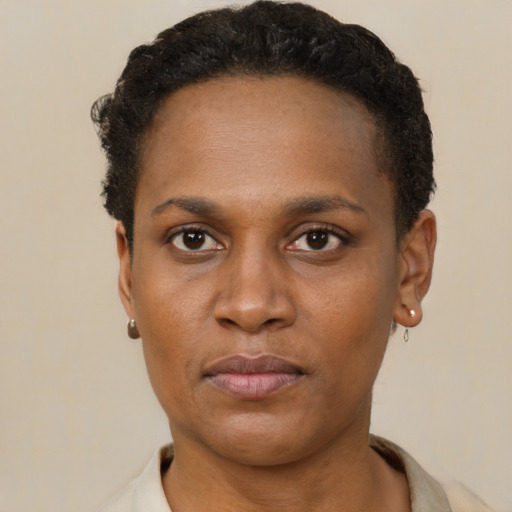 Neutral black young-adult female with short  black hair and brown eyes