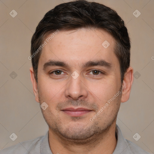 Neutral white young-adult male with short  brown hair and brown eyes