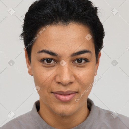 Joyful latino young-adult female with short  black hair and brown eyes