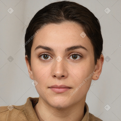 Neutral white young-adult female with short  brown hair and brown eyes