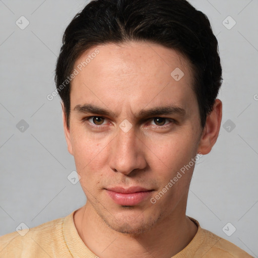 Neutral white young-adult male with short  brown hair and brown eyes