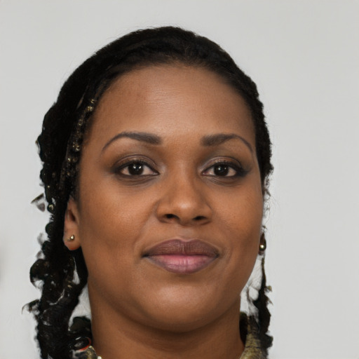 Joyful black young-adult female with long  brown hair and brown eyes