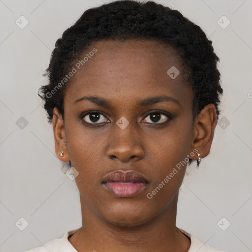 Neutral black young-adult female with short  black hair and brown eyes