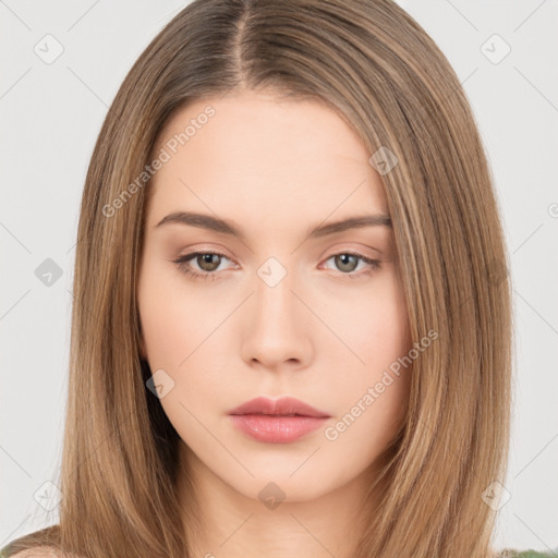 Neutral white young-adult female with long  brown hair and brown eyes